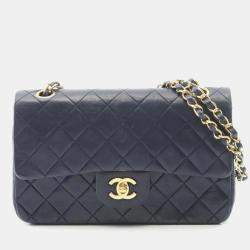 Pre Owned Chanel Matelasse Double Flap Shoulder Bag In Lambskin Sheepskin Navy