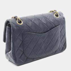 Pre Owned Chanel Matelasse Double Flap Shoulder Bag In Lambskin Sheepskin Navy