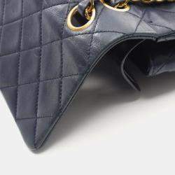 Pre Owned Chanel Matelasse Double Flap Shoulder Bag In Lambskin Sheepskin Navy