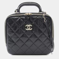 Pre Owned Chanel Matelasse Top Handle Shoulder Bag In Shiny Calfskin Leather Black