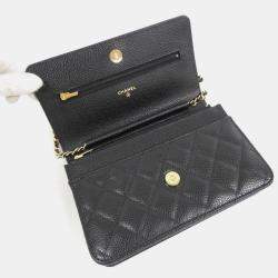 Pre Owned Chanel Timeless Classic Line Black Calf Leather Chain  Wallet
