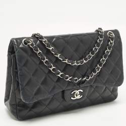 Pre Owned Chanel Classic Double Flap Jumbo Black Quilted Leather Bag