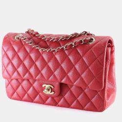 Pre Owned Chanel Medium Red Caviar Classic Double Flap Bag