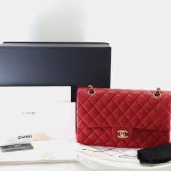 Pre Owned Chanel Medium Red Caviar Classic Double Flap Bag
