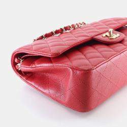 Pre Owned Chanel Medium Red Caviar Classic Double Flap Bag