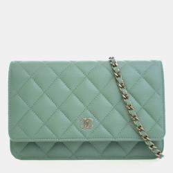 Pre Owned محفظة شانيل كلاسيك خضراء كافيار بسلسلة