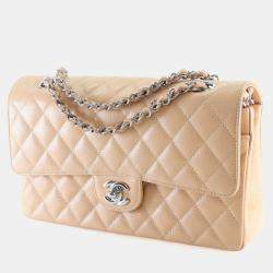 Pre Owned Chanel Medium Beige Caviar Classic Double Flap Bag
