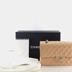 Pre Owned Chanel Medium Beige Caviar Classic Double Flap Bag