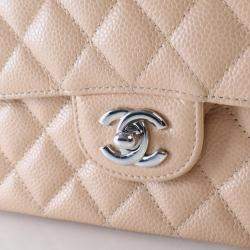 Pre Owned Chanel Medium Beige Caviar Classic Double Flap Bag