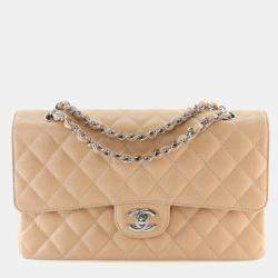 Pre Owned Chanel Medium Beige Caviar Classic Double Flap Bag