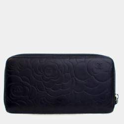 Pre Owned Chanel Black Lambskin Camellia Zip Around Long Wallet