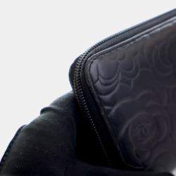 Pre Owned Chanel Black Lambskin Camellia Zip Around Long Wallet