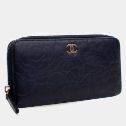 Pre Owned Chanel Black Lambskin Camellia Zip Around Long Wallet
