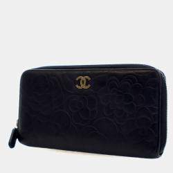 Pre Owned Chanel Black Lambskin Camellia Zip Around Long Wallet