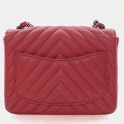 Pre Owned Chanel Mini Pink Lambskin Chevron Square Classic Flap Bag