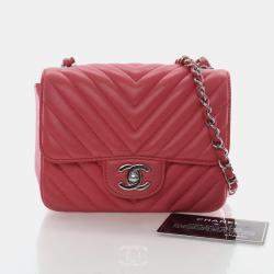 Pre Owned Chanel Mini Pink Lambskin Chevron Square Classic Flap Bag