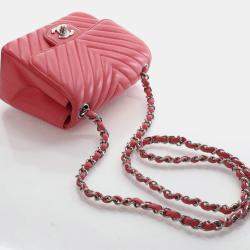 Pre Owned Chanel Mini Pink Lambskin Chevron Square Classic Flap Bag