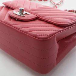 Pre Owned Chanel Mini Pink Lambskin Chevron Square Classic Flap Bag