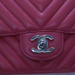 Pre Owned Chanel Mini Pink Lambskin Chevron Square Classic Flap Bag
