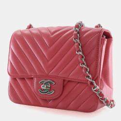 Pre Owned Chanel Mini Pink Lambskin Chevron Square Classic Flap Bag