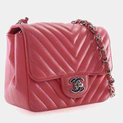 Pre Owned Chanel Mini Pink Lambskin Chevron Square Classic Flap Bag