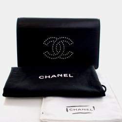 Pre Owned محفظة سلسلة شانيل سي سي جلد عجل أسود مرصعة بالأحجار