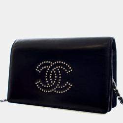 Pre Owned محفظة سلسلة شانيل سي سي جلد عجل أسود مرصعة بالأحجار