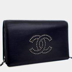 Pre Owned محفظة سلسلة شانيل سي سي جلد عجل أسود مرصعة بالأحجار