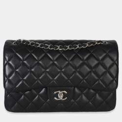 مملوكة مسبقًا حقيبة شانيل سوداء مضغوطة جلد الخروف جامبو فلاب مزدوجة