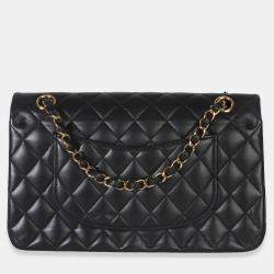 Pre Owned حقيبة شانيل كلاسيكية متوسطة مبطنة جلد الخروف سوداء قلاب مزدوج
