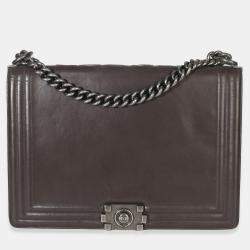 Pre Owned حقيبة شانيلا رمادية داكنة جلد عجل ناعم بوياكس إل عكسي