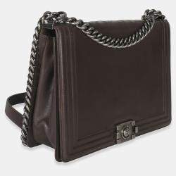 Pre Owned حقيبة شانيلا رمادية داكنة جلد عجل ناعم بوياكس إل عكسي