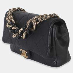 Pre Owned حقيبة شانيل فلاب سلسلة أنيقة جلد حمل أسود من جلد الضأن