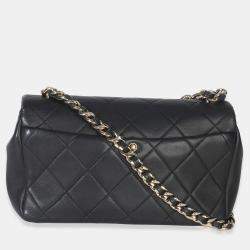 Pre Owned حقيبة شانيل فلاب سلسلة أنيقة جلد حمل أسود من جلد الضأن