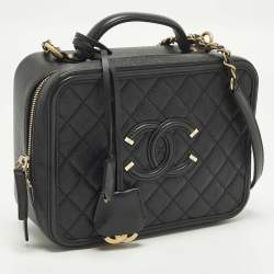 Pre Owned حقيبة فانيتي شانييل رمادية كبيرة كافيار جلد مبطن بنمط الفليغري