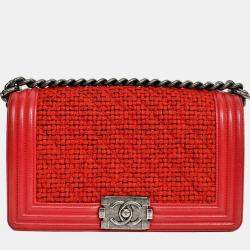 Pre Owned Pre-Chanel 2015-16 Red Leather/Tweed Medium Boy Bag