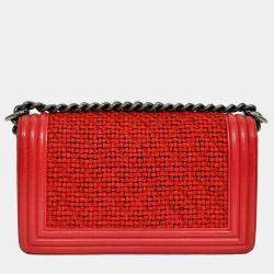 Pre Owned Pre-Chanel 2015-16 Red Leather/Tweed Medium Boy Bag