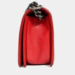 Pre Owned Pre-Chanel 2015-16 Red Leather/Tweed Medium Boy Bag