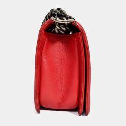 Pre Owned Pre-Chanel 2015-16 Red Leather/Tweed Medium Boy Bag