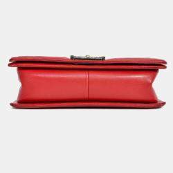 Pre Owned Pre-Chanel 2015-16 Red Leather/Tweed Medium Boy Bag