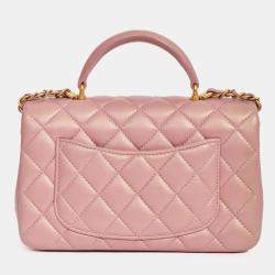 Pre Owned Chanel 2021 Rose Iridescent Quilted Lambskin Mini Rectangle Top Handle