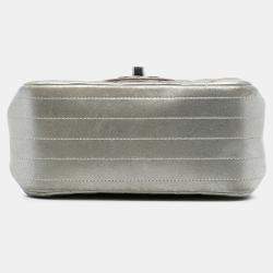 Pre Owned Chanel Silver Mini Square Classic Chevron Iridescent Calfskin Single Flap