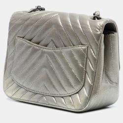 Pre Owned Chanel Silver Mini Square Classic Chevron Iridescent Calfskin Single Flap