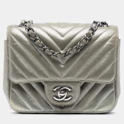 Pre Owned Chanel Silver Mini Square Classic Chevron Iridescent Calfskin Single Flap