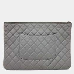 Pre Owned Chanel Grey Caviar Clutch Large