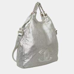 Pre Owned Chanel Roddeo Drive Medium Silver Leather Hobo Perforated Bag