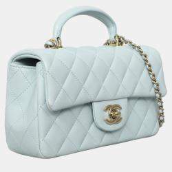 Pre Owned Chanel Mini Rectangle Blue Lambskin Top Handle Bag
