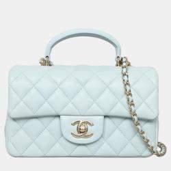 Pre Owned Chanel Mini Rectangle Blue Lambskin Top Handle Bag