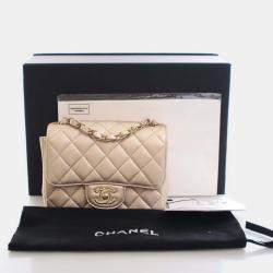 Pre Owned Chanel Gold Mini Square Classic Lambskin Single Flap
