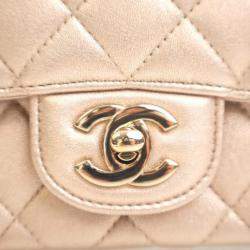 Pre Owned Chanel Gold Mini Square Classic Lambskin Single Flap
